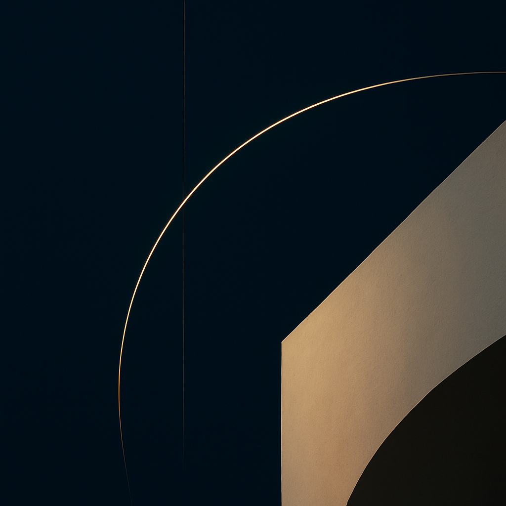 Abstract architectural composition with a meridian arc of light meeting a precise line